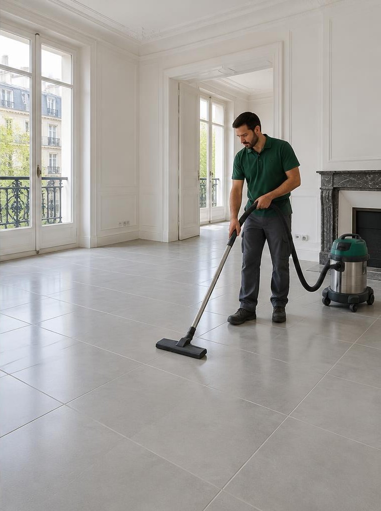 Illustration d'un professionnel aspirant le sol d'un logement après travaux